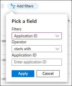 The Pick a field window shown in Azure Portal when adding an Application ID filter to the enterprise app list.